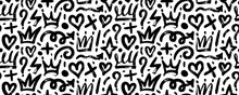 Brush Drawn Doodle Shapes Seamless Pattern. Hearts, Crowns, Arrows, Crosses, Swirls And Dots With Dry Brush Texture. Banner Background With Trendy Graffiti Style Elements. Hand Drawn Various Shapes.