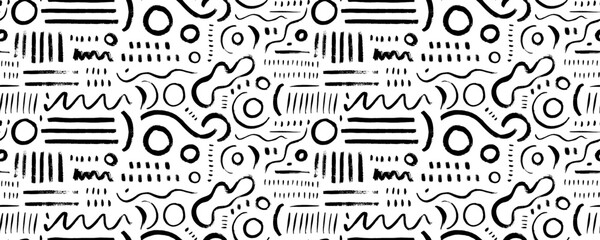 Aufkleber - Fun lines doodle seamless pattern. Hand drawn curved brush strokes, circles and different geometric shapes. Simple childish scribble wallpaper. Memphis style geometric background or banner.