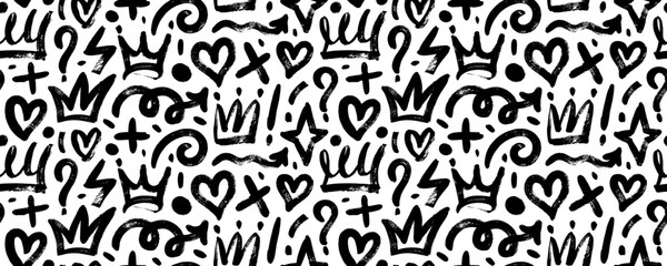 brush drawn doodle shapes seamless pattern. hearts, crowns, arrows, crosses, swirls and dots with dr
