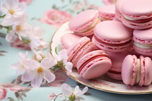 Almond Macarons, Placed on a pink porcelain plate