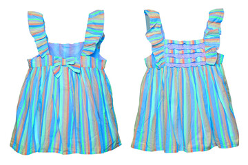 Wall Mural - Summer dress isolated. Closeup of a colorful striped sleeveless baby girl dress isolated on a white background. Children spring fashion. Front and back view.
