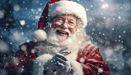 Merry Christmas and happy holidays from Santa Claus in a jolly Xmas scene. Generative AI illustrations