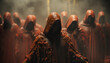 Tenebrist recreation of demonic monks in faceless robes and hoods. Illustration AI