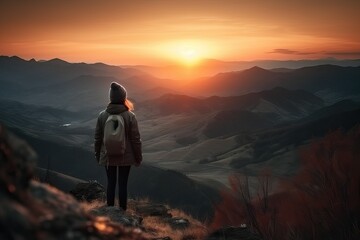 Wall Mural - Woman traveler climbed into the sunset mountain landscape (Ai generated)