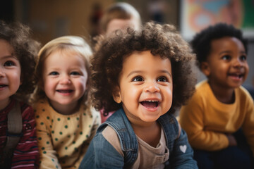 Happy group of multiracial toddlers, sitting in classroom and looking in awe at their teacher.