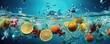 Fruits falling into water with splashes on blue background