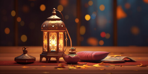 Ramadan festival lantern and props on the floor background. Culture and religion concept. Digital art illustration