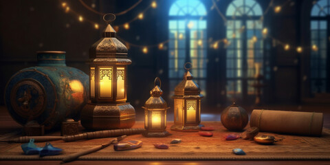 Ramadan festival lantern and props on the floor background. Culture and religion concept. Digital art illustration