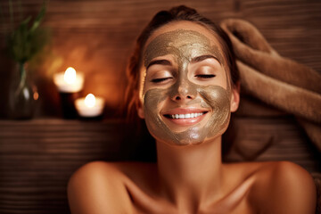 Beautiful woman with facial mask, beauty spa and body care, green clay face mask, AI Generated