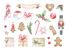 Watercolor Set With Christmas Toys. Nutracker Clipart, Soldier, Ballet, Holly. Hand Drawn Illustrations Isolated On White Background. Winter Holiday Vintage Decor.