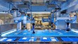 © ShantiMedia - Modern factory for the production of French croissants around the world. High-tech robots put French croissants into containers. Long moving production line with delicious french croissants.
