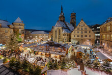 Christmas Market On Schillerplatz Square In Front Of Stiftskirche Church, Stuttgart, Baden-Wurttemberg, Germany