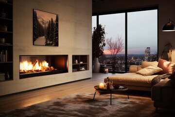 Wall Mural - Living room with fireplace. Generative AI