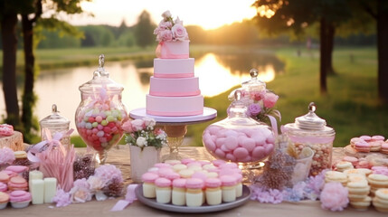 Wall Mural - pink wedding cake, candy bar, sweets , Sweet dessert, 
cupcakes, cake