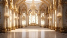 A Regal Palace Interior With Intricate Gold Accents And Floral Motifs, Exuding An Atmosphere Of Luxury And Sophistication. Glamour, Luxurious Interior Wedding Or Celebration Design. Generative AI. 