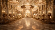 A Lavish Ballroom With Ornate Chandeliers, Golden Accents, And Floral Embellishments, Creating A Grand And Opulent Background. Glamor Wedding Design. Generative AI. 