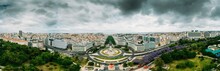 Aerial Drone Panoramic View Of Parque Eduardo XII And Marques The Pombal Looking South With Avenida Da Liberdade In Lisbon, Portugal