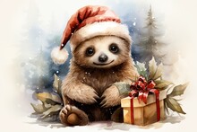Cute Card For Christmas With A Little Sloth And Gifts. Fancy Watercolor Drawing. AI Generation