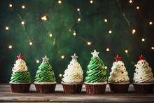 Christmas Tree Cupcakes On Wooden Table