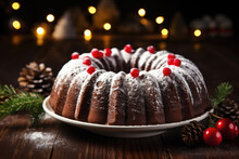 Christmas Chocolate Bundt Cake Decorated Wit Berries On Wooden Table