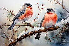 Cute Christmas Card With Bullfinches On A Branch. Fancy Watercolor Drawing, Happy New Year Greeting. AI Generation