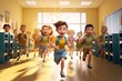 © olga_demina - cute cartoon children with backpacks excited running into class room back to school illustration