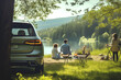  Family enjoying picnic near their electric car, surrounded by serene forest landscape, symbolizing the harmonious balance of technology and nature. Generative Ai content