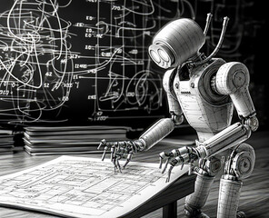 Poster - a robot is in front of mathematics calculations, black and white style