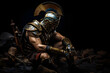 A rome warrior in ornate armor kneels amidst a dark battlefield