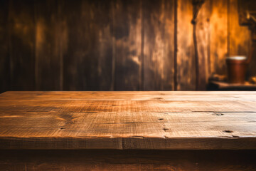 rustic wooden table top with warm backdrop