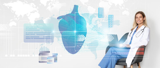 Fototapete - Pretty woman doctor cardiologist working online, using laptop, collage