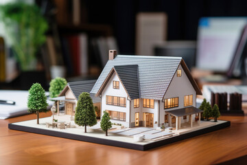 Real estate market. Mortgage and investment. Model of house building standing on architectural plan. Technical project of new house. Created with Generative AI