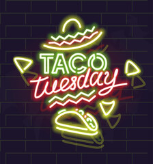 Neon taco tuesday poster. Typography with mexican food silhouette on brick wall background.