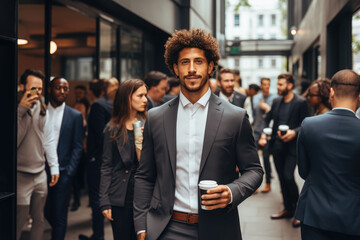 Wall Mural - businessman holding a coffee cup standing  in the city