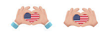 Hand Gesture. Hands Holding United States Flag Heart Shape Gesture To Pray For United States's Peace Save United States. Thumb, Index, Middle, And Ring Fingers. Hand In 3D Cartoon.
