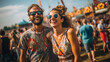 young couple at music festival, having fun on Festival, People on music festival in the summer, back view, at party with dj, summer nightlife, disco club outside, fun youth, entertainment,