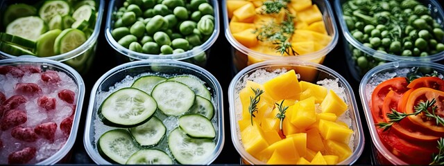 banner frozen fruits and vegetables in the freezer in plastic containers ecology concept