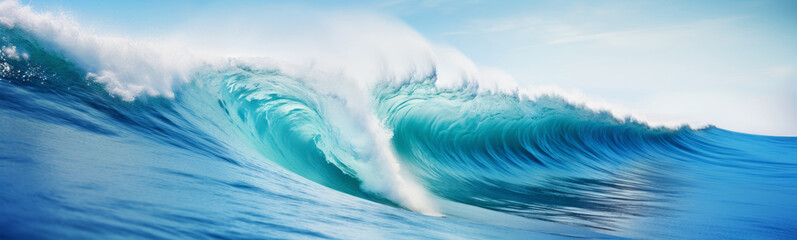 Wall Mural - Big breaking blue ocean wave. Surfing summer wave banner - Generative AI