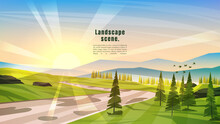 Vector Illustrations. Peaceful Landscape. Minimalist Style. Colorful Wallpaper In The Natural Concept. Silhouettes Of The Mountains By Forest Trees. Slopes, Relief. Path By Woodland. Web Banner Design