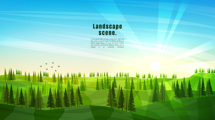 Peaceful landscape. Vector illustration. Flat cartoon polygonal style. Wallpapers in natural style. Green forest trees on meadows. Blue cloudy sky with sunbeams. Slopes, relief. Web banner design