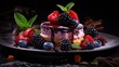 © Photo And Art Panda - Set of desserts with fresh fruit on a black flat plate