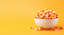 Bowl Of Candy Corn On An Orange Background With Space For Copy