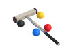 Croquet mallet and colorful balls isolated on white background. Traditional british game. 3d render