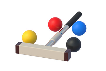 Wall Mural - Croquet mallet and balls isolated on white background. Traditional british game. 3d render