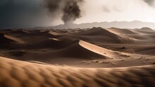 Desert With An Approaching Sandstorm. Forces Of Nature And Natural Disasters. Sandstorm Is Coming.Generative AI