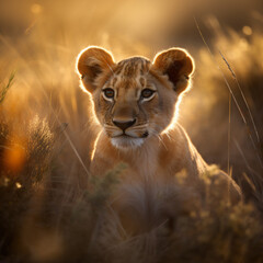 Wall Mural - a majestic lion cub resting in the grass generative ai