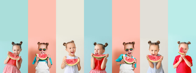 Poster - Collage of cute little girl with slices of fresh watermelon on color background