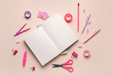 Wall Mural - Composition with blank notebook and stationery supplies on pink background