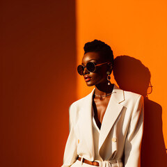 portrait of a cool and modern black woman with sunglasses in front of a orange wall background with 