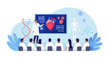 Medical Conference, Education. Students Study Research In Cardiology Science. Doctor Giving Speech On Medicine Seminar For Audience. Scientist Presenting Human Heart Infographics At Workshop Training